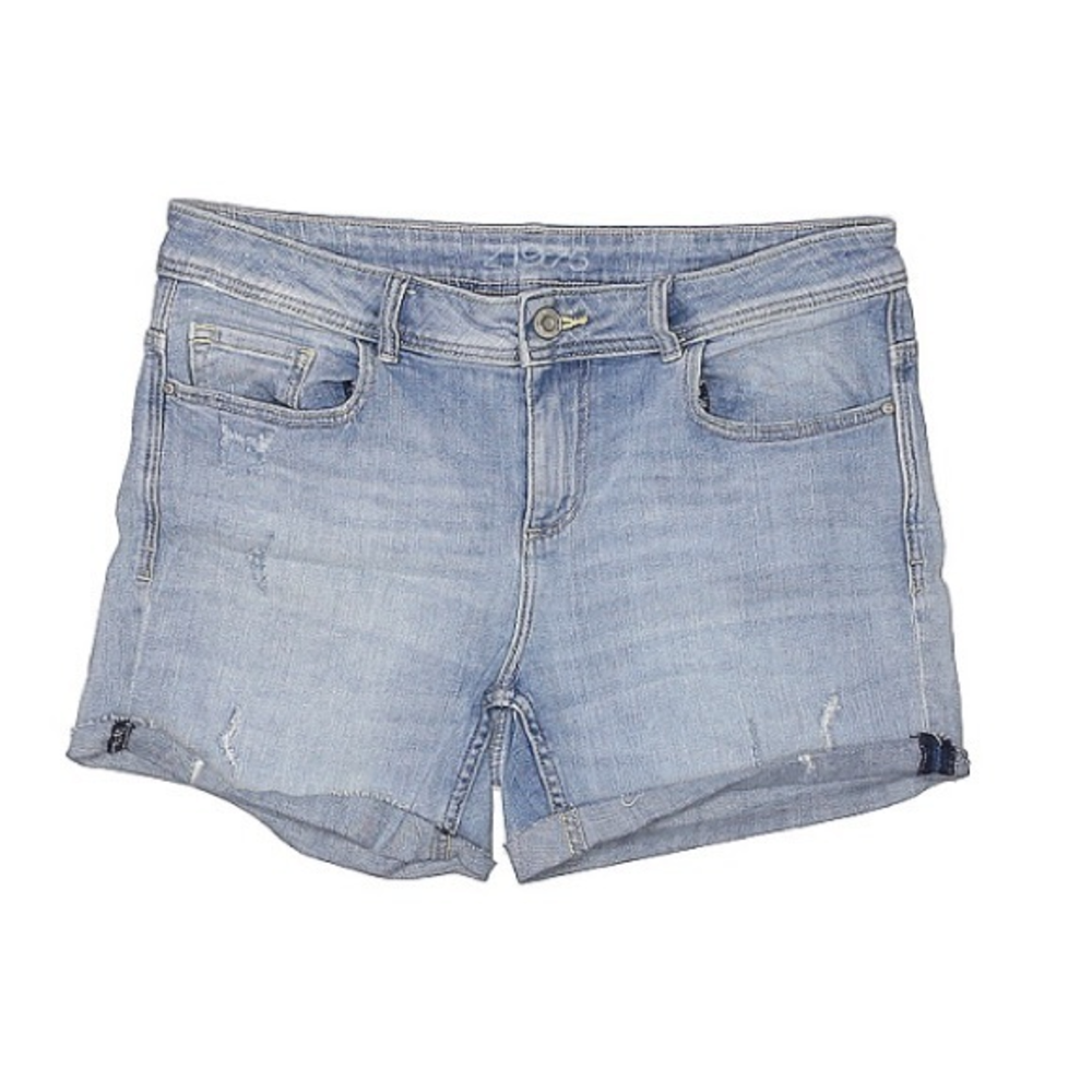 Zara1975 8 light blue wash distressed stretch cotton blend‎ cuffed jean shorts